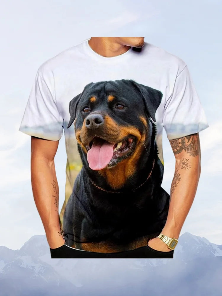 Cute Pet Dog Summer Men's T-Shirt 3D Rottweiler Fashion Print Short Sleeve Outdoor Casual Tee Loose Comfortable Men's Clothing
