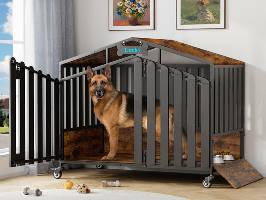 Heavy Duty Dog Crate Furniture with Wheels for Large Dogs