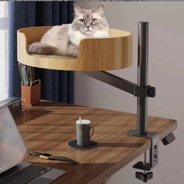 Height-Adjustable Wooden Cat Desk Bed - Metal Frame Safe Cat Rack, Top Choice for Cat Lovers