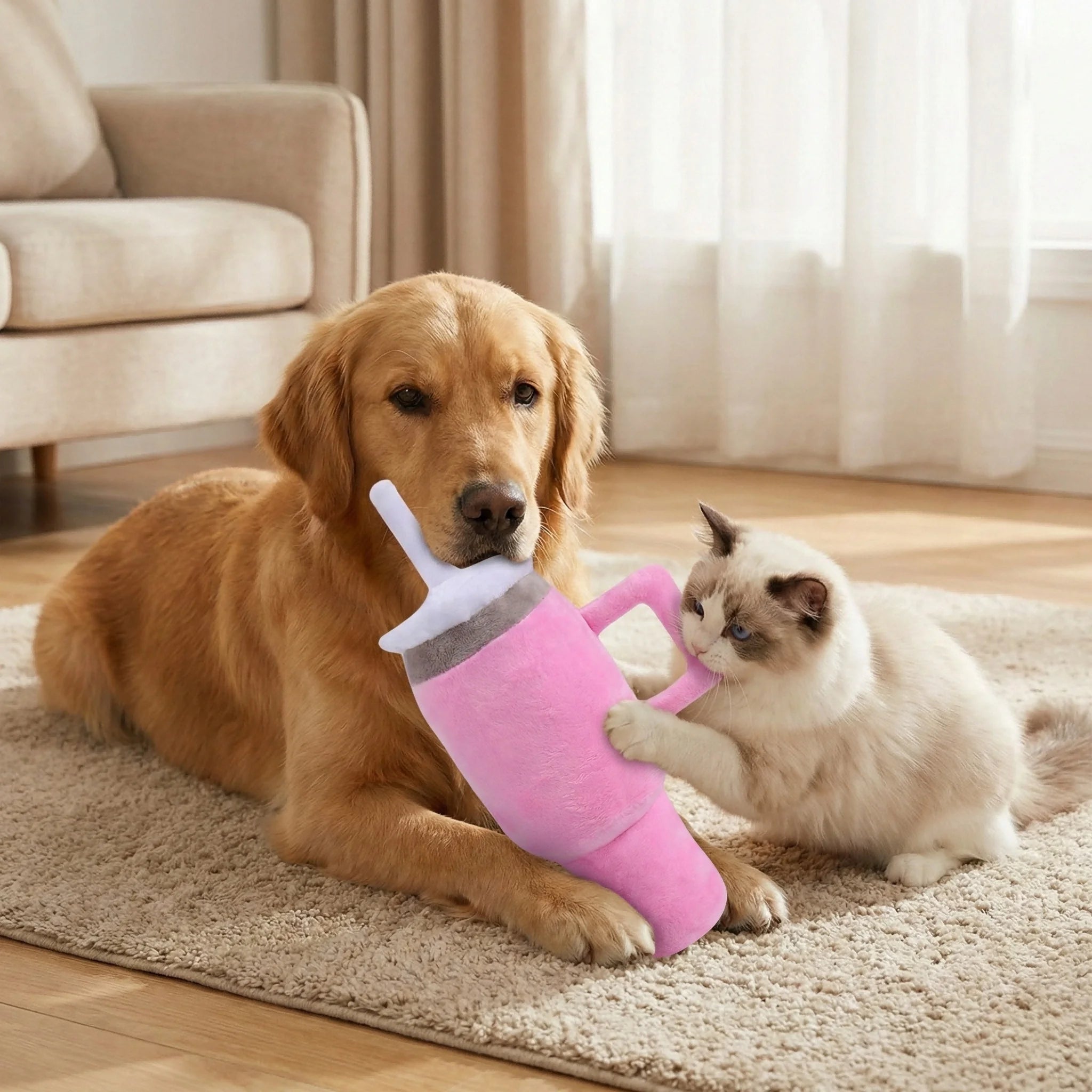 Pet Companion Pink Giant Tumbler Cup Plush Toy Squeaky Tear Resistant Chew Toy for Dogs and Cats