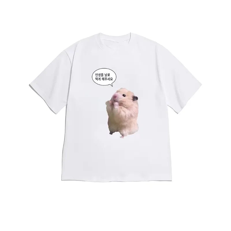 Funny Hamster Meme Graphic T-Shirt Cute K-pop Hamster Headphones Novelty Tee Casual Loose Fit Short Sleeve Top for Men Women