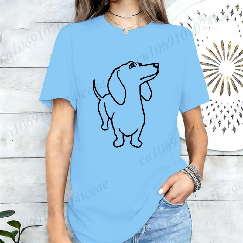 Dachshund Dog Graphic Print Women T Shirt Casual Summer Short Sleeve O Neck Loose Tees Ladies Cute Pet Animal Streetwear Tops