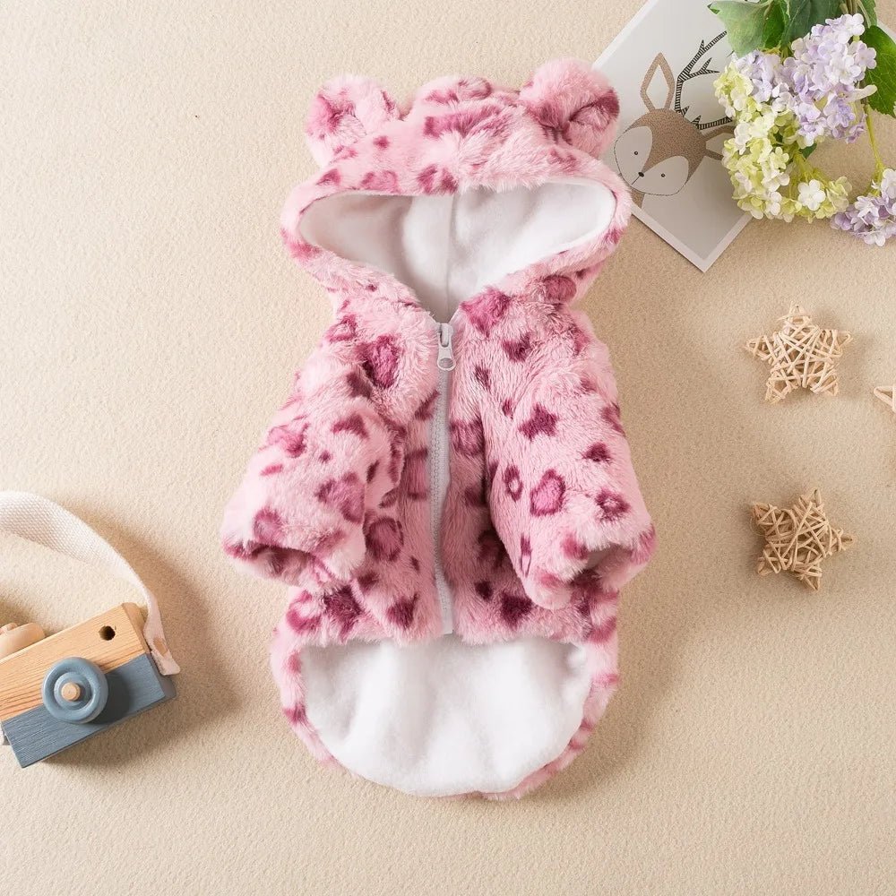 Fashion Leopard Print Dog Clothes Warm Fleece Thickened Dog Coat Jacket Teddy Pet Padded Coat Cat