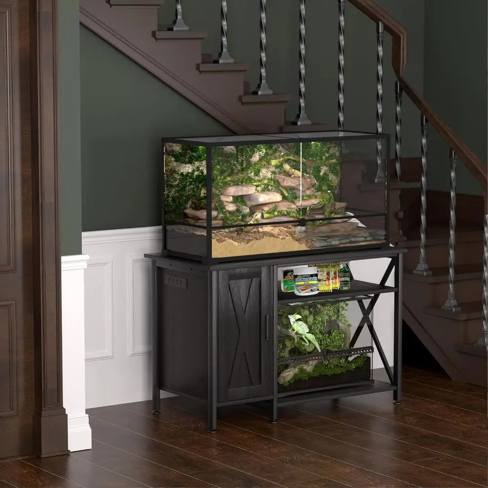 40-120 Gallon Black Reptile Tank Stand with Storage and Power Outlet, 48x24 Tabletop