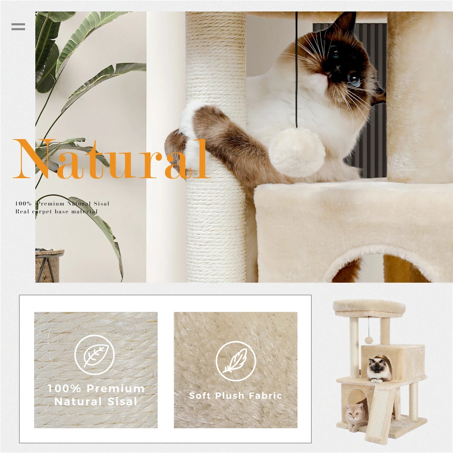 Large Cat Tree for Indoor Cats, Multi-Level Cat Tower with Sisal Scratching Post, 2 Spacious Condo, Cat Scratching Pad, Cat Toys