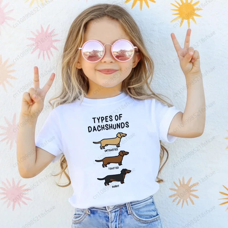 Dachshund Teckel Cute Dog Print Tee Funny T-shirts Baby Boy Girl Tshirt Kids Boys Top Child Summer Short Sleeve White Tops