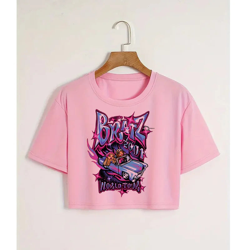 Kawaii Rat Ratz Mouse Cropped Print Crew Neck T-shirt Y2K Short Sleeve Tight Fit Crop Top Spring Summer Women's Clothing