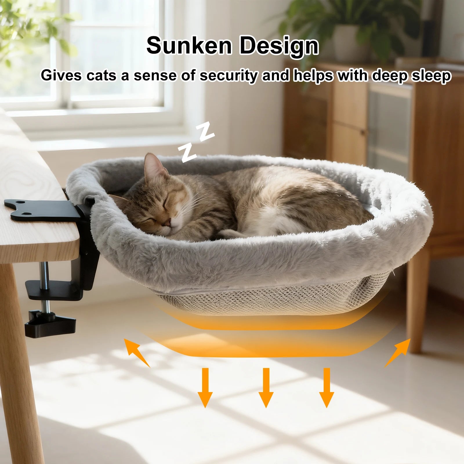 Cat Desk Bed One-Click Folding Sunken Design Space-Saving Semi-Circular Cat Desk Hammock Perch For Home Office Indoor Cats