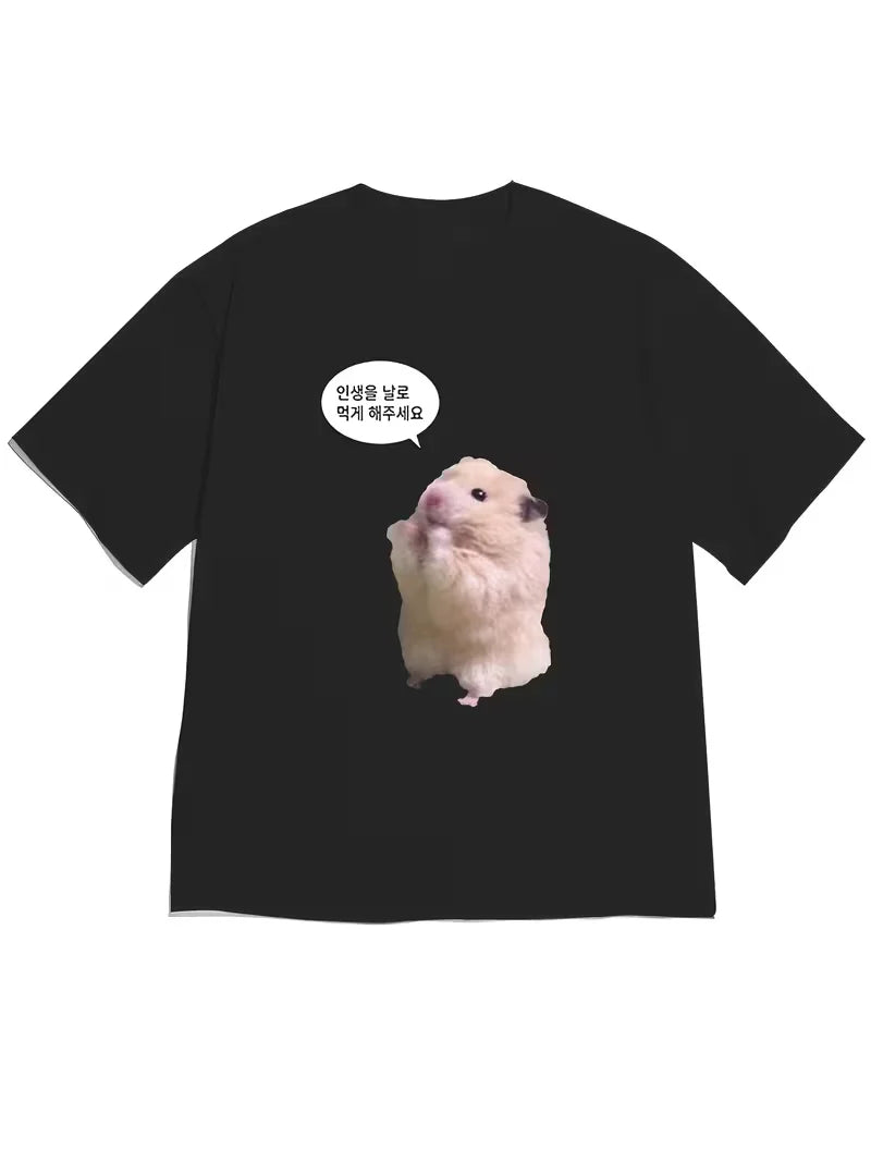Funny Hamster Meme Graphic T-Shirt Cute K-pop Hamster Headphones Novelty Tee Casual Loose Fit Short Sleeve Top for Men Women