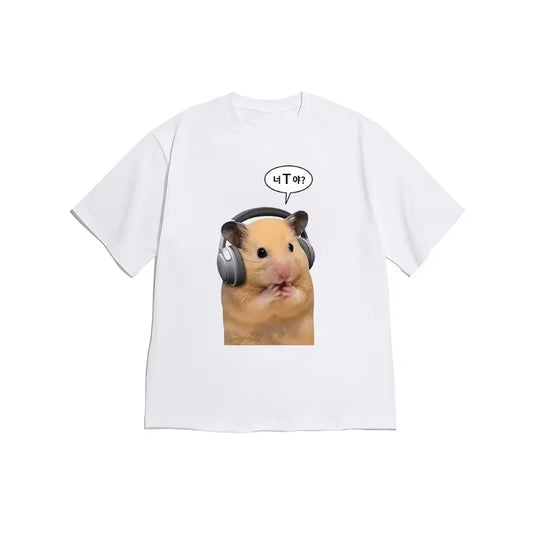 Funny Hamster Meme Graphic T-Shirt Cute K-pop Hamster Headphones Novelty Tee Casual Loose Fit Short Sleeve Top for Men Women