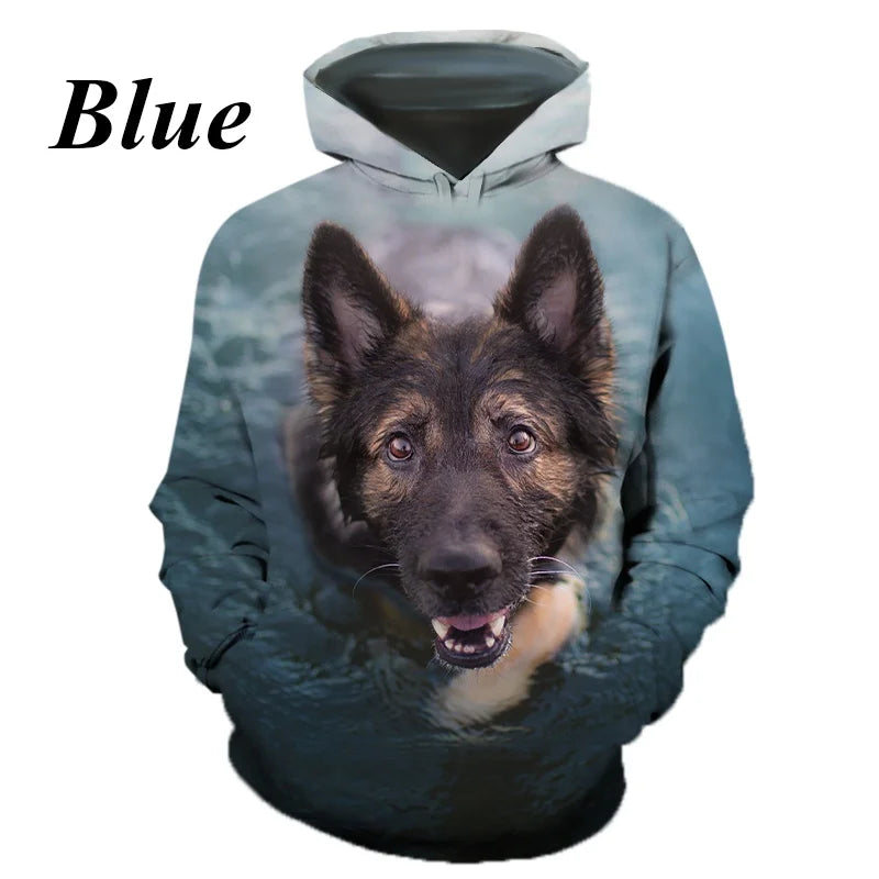 New Fashion Casual German Shepherd Animal Dog 3D Printing Men's Round Neck Hoodie Tops T-shirt Couple Hoodie