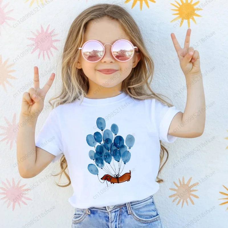 Dachshund Teckel Cute Dog Print Tee Funny T-shirts Baby Boy Girl Tshirt Kids Boys Top Child Summer Short Sleeve White Tops