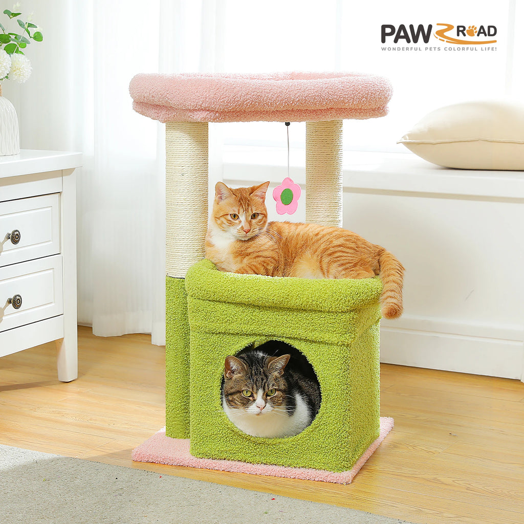 Cat Tree Cat Tower with Cozy Condo, Wide Top Perch,Natural Sisal Posts, Soft Plush,Playful Pom-Pom Suitable for 1-2 Indoor Cats