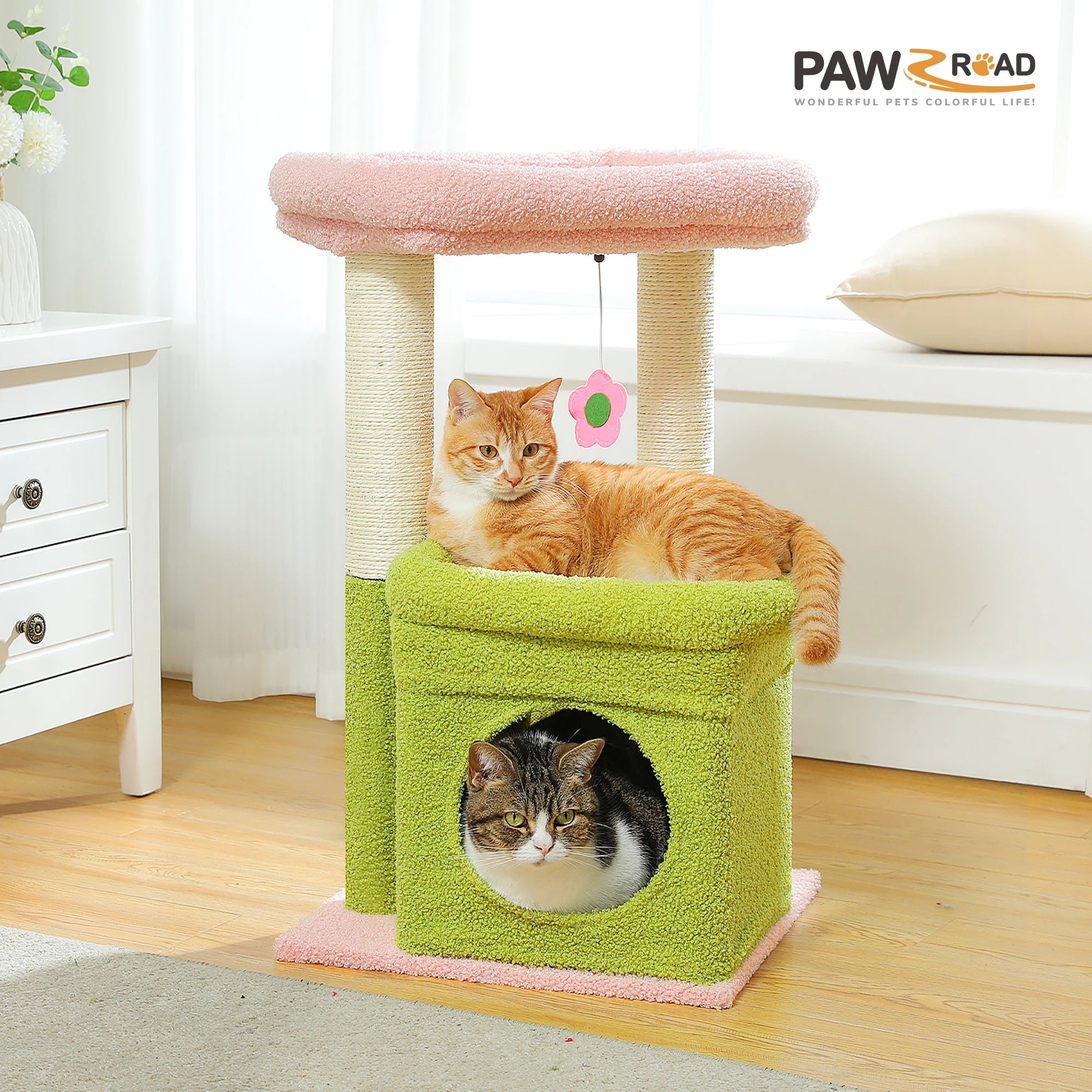 Cat Tree Cat Tower with Cozy Condo, Wide Top Perch,Natural Sisal Posts, Soft Plush,Playful Pom-Pom Suitable for 1-2 Indoor Cats