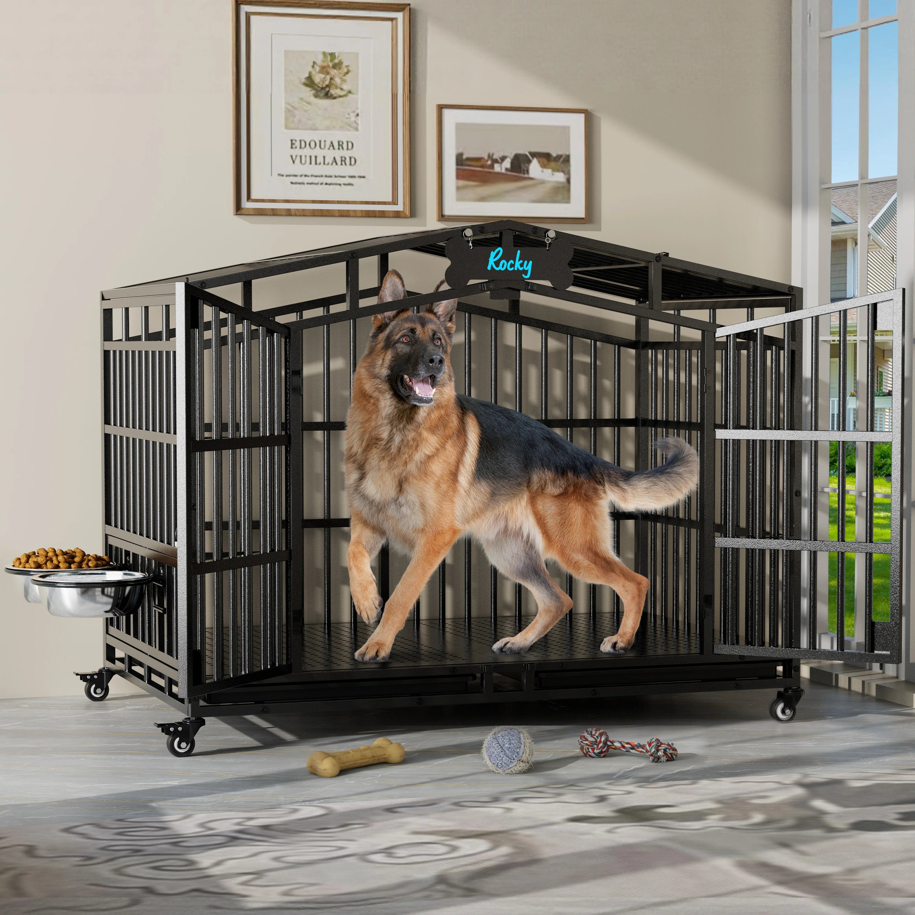 EasyCom 41"/48" Heavy Duty Dog Crate Extra Large Metal Dog Kennel w/ 2 Adjustable Bowls, Open Top & Lockable Wheels,for Big Dogs