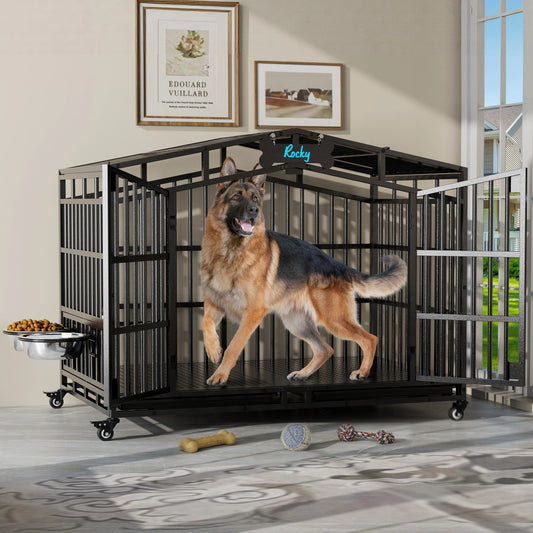 EasyCom Heavy Duty Metal Dog Crate with Bowls and Wheels