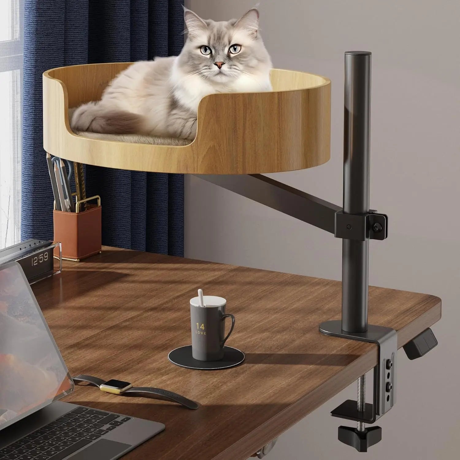 Height-Adjustable Wooden Cat Desk Bed - Metal Frame Safe Cat Rack, Top Choice for Cat Lovers