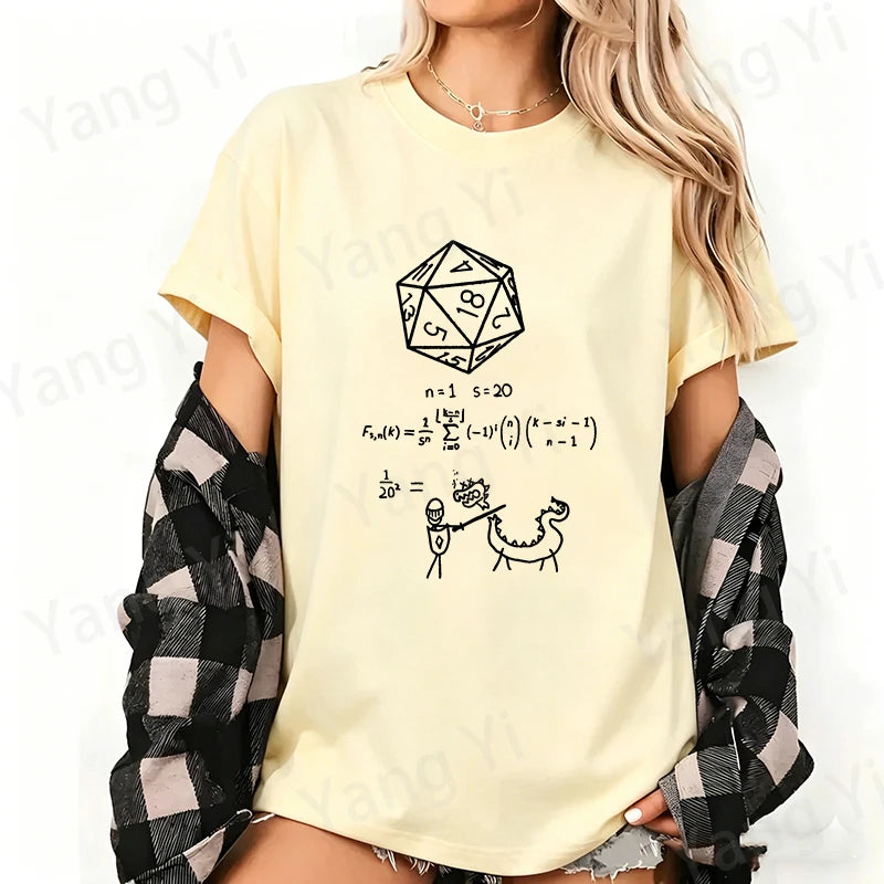 Adventurers Fight Againsts Dragon Print Cotton T-shirt Women Men Summer Casual Short Sleeve Round Neck Top Numerical Formula Tee