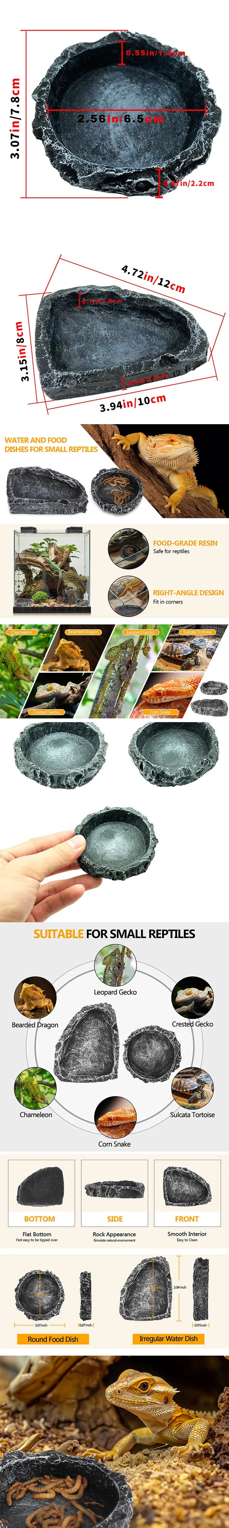 Reptile Feeding Water Bowl Realistic Stone Texture Safe Durable for Bearded Dragons Small Reptiles SYXZS03