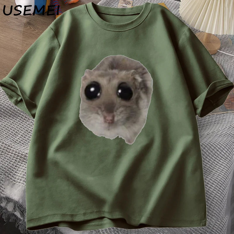 Sad Hamster T Shirt Funny Cute Cat Hamster Meme Trend T-shirt for Men Women Cotton T-shirt Summer Short Sleeve Unisex Tee