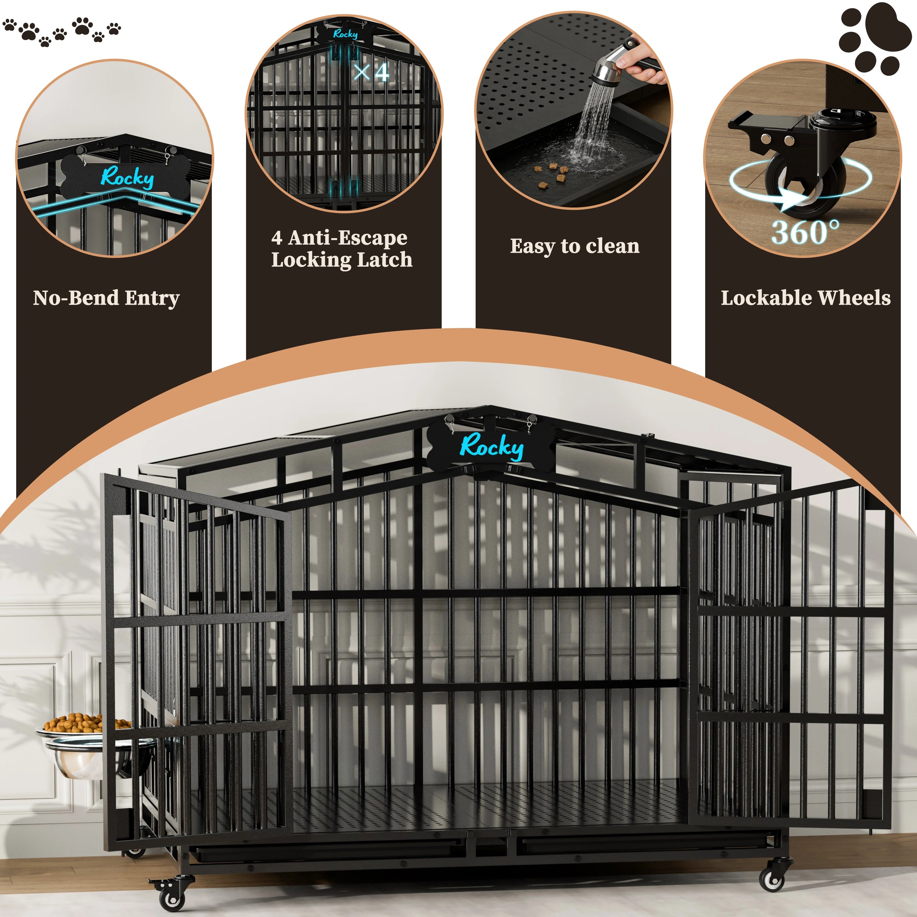 EasyCom 41"/48" Heavy Duty Dog Crate Extra Large Metal Dog Kennel w/ 2 Adjustable Bowls, Open Top & Lockable Wheels,for Big Dogs