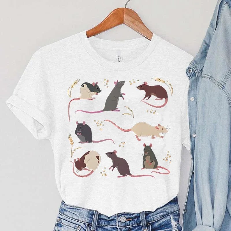 Rat T-Shirts Women Harajuku Animal Tops Summer Casual Fashion TShirts Vintage Paddy Print Women's Clothing Rat Female T-Shirts