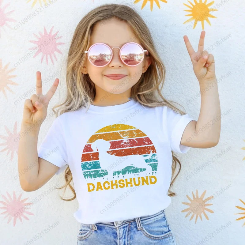 Dachshund Teckel Cute Dog Print Tee Funny T-shirts Baby Boy Girl Tshirt Kids Boys Top Child Summer Short Sleeve White Tops