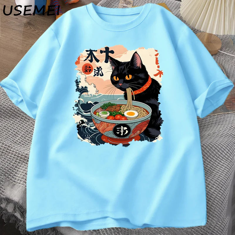 Kawaii Cat Anime Tshirt Ramen Japanese Funny Graphic Tee Kawaii Noodle Cat Tee Shirt Man Short Sleeve T-shirt Harajuku Clothes