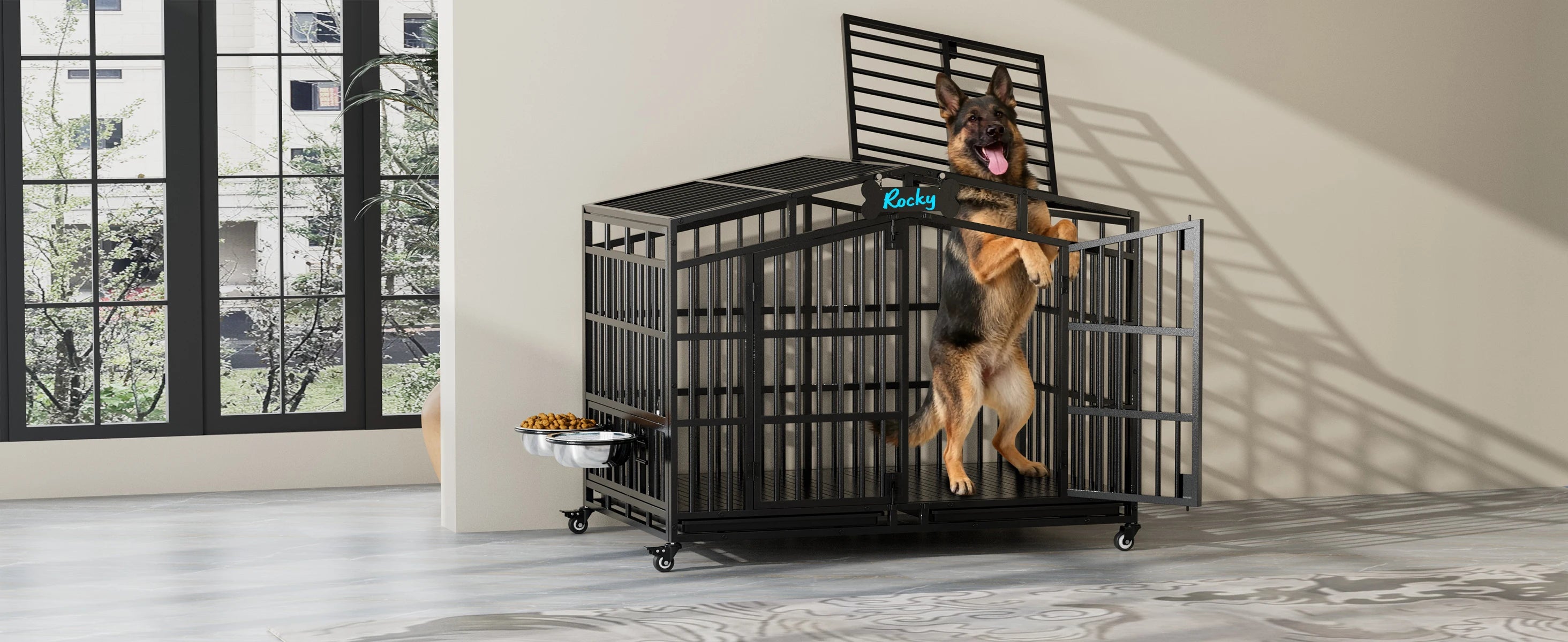 EasyCom 41"/48" Heavy Duty Dog Crate Extra Large Metal Dog Kennel w/ 2 Adjustable Bowls, Open Top & Lockable Wheels,for Big Dogs