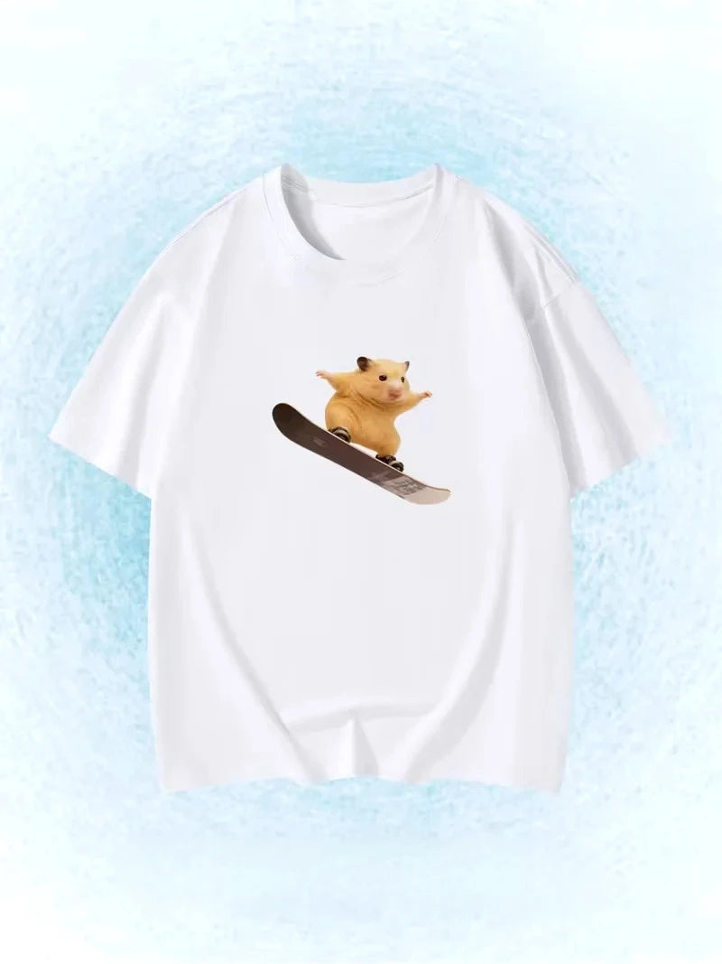 Funny Snowboarding Hamster Animal Print T-Shirt Cute Meme Loose Short Sleeve Unisex Casual Summer Top for Women Daily Y2k Tops