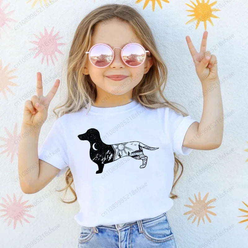 Dachshund Teckel Cute Dog Print Tee Funny T-shirts Baby Boy Girl Tshirt Kids Boys Top Child Summer Short Sleeve White Tops