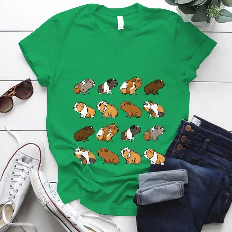 Kawaii Cartoon Guinea Pig Print T Shirt Women Fashion T Shirt Casual Tops 90s Girls Ladies Female Short Sleeve Cute Graphic Tees