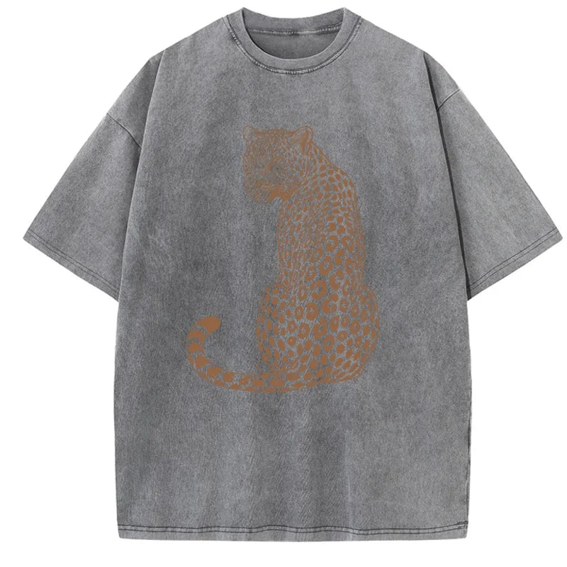 Leopard Tiger T-Shirt Vintage Washed Unisex Boho Animal T Shirt Men Women Nature Lover Tee Casual Round Neck Tops