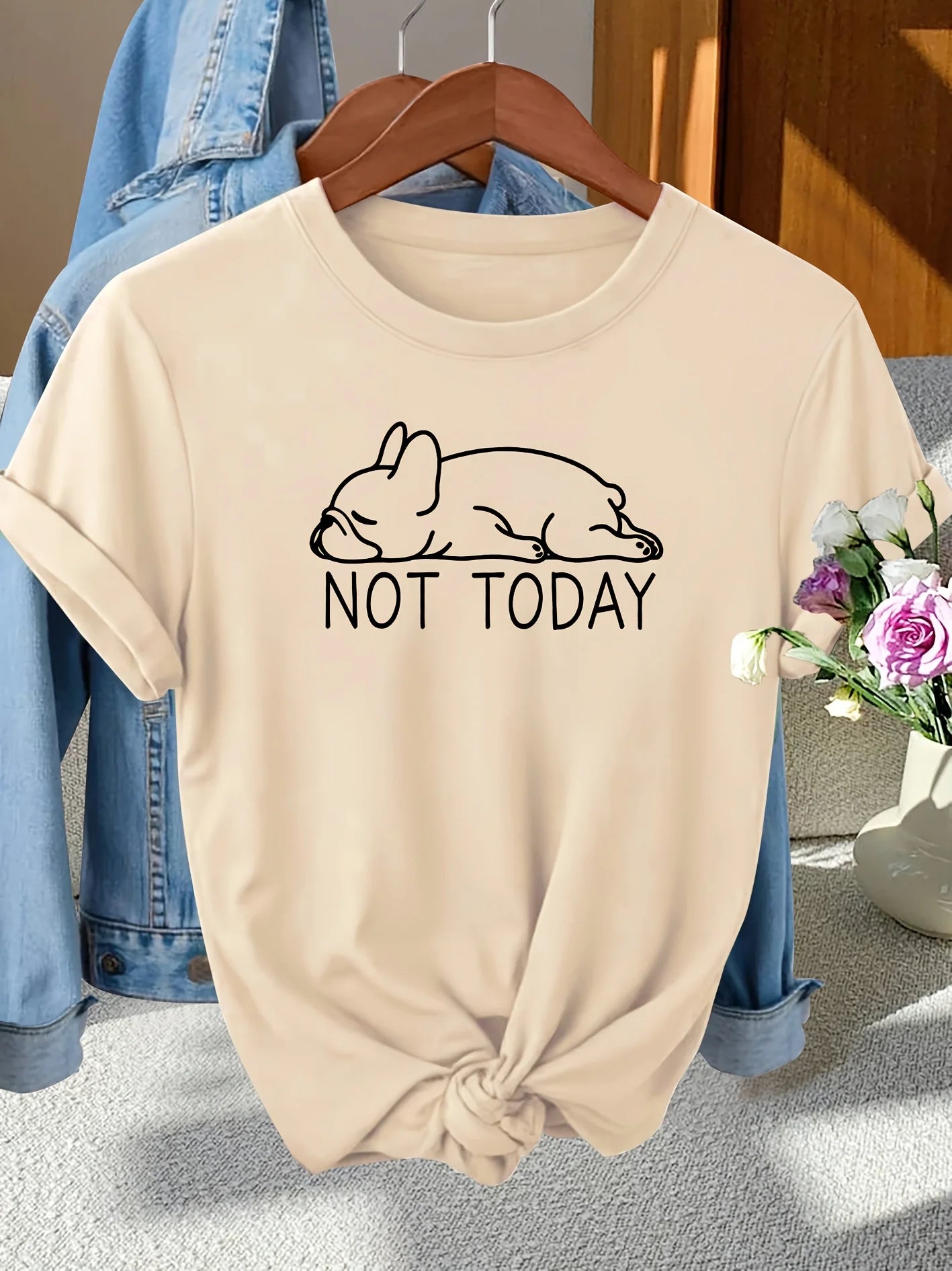 Not Today French Bulldog Women's Tee - Lazy Dog Graphic Casual Gray Top Women Clothes