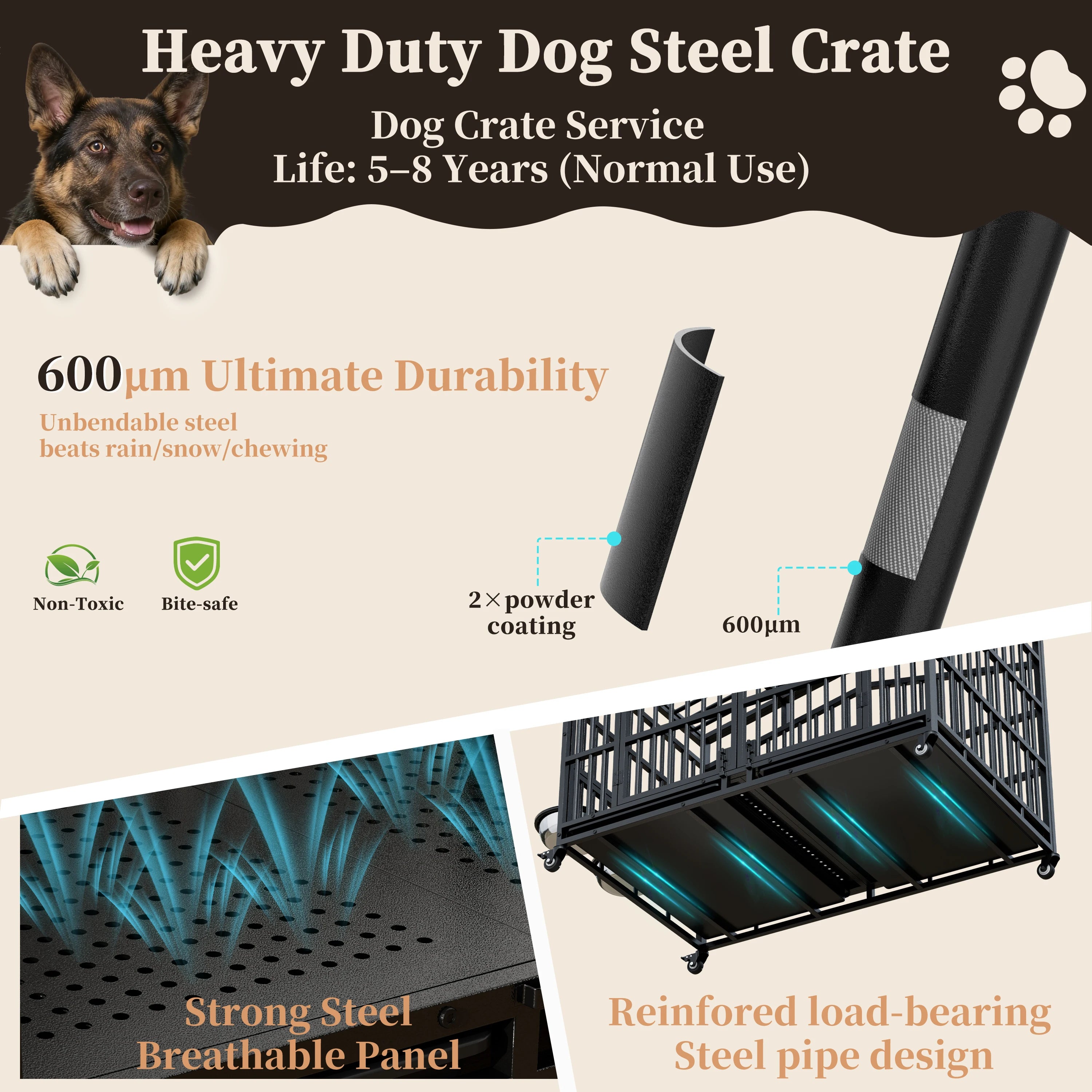EasyCom 41"/48" Heavy Duty Dog Crate Extra Large Metal Dog Kennel w/ 2 Adjustable Bowls, Open Top & Lockable Wheels,for Big Dogs