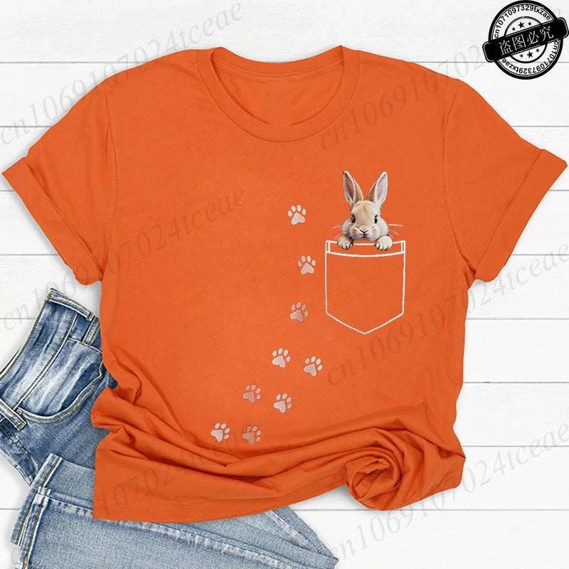 Pocket Bunny T-Shirts – Cute Rabbit Paw Prints T-Shirt Funny Bunny Graphic Tee Tops Sweet Rabbit Sitting in The Pocket Shirt