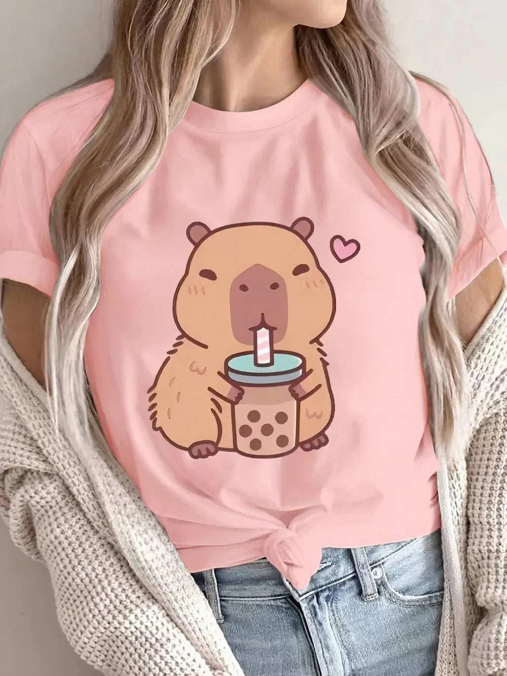 Women's Cute Capybara Boba Tee - Casual Short Sleeve Round Neck Polyester Knit Machine Washable Capybara T Shirt