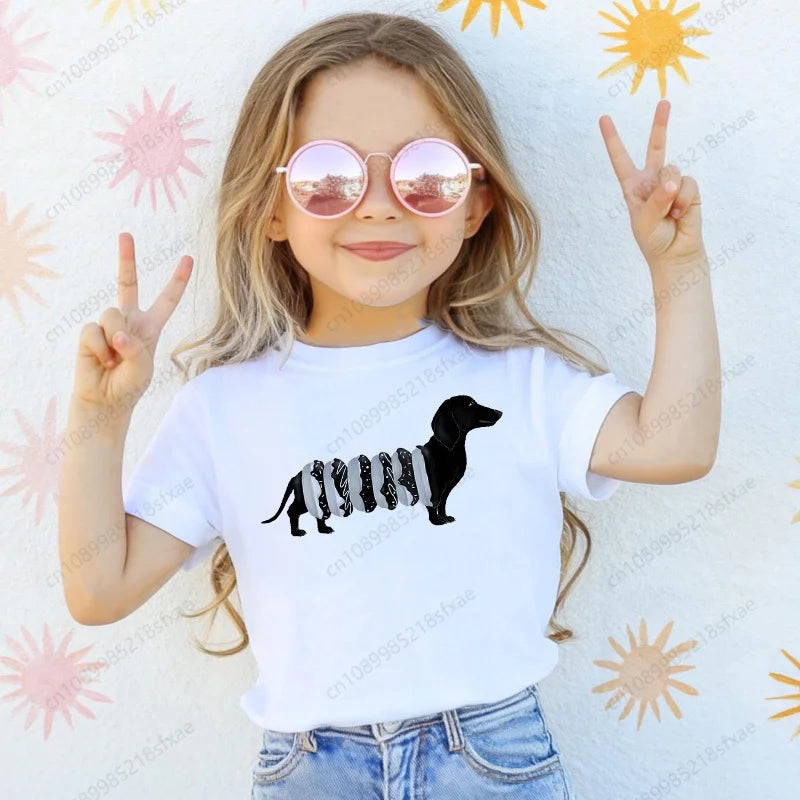 Dachshund Teckel Cute Dog Print Tee Funny T-shirts Baby Boy Girl Tshirt Kids Boys Top Child Summer Short Sleeve White Tops
