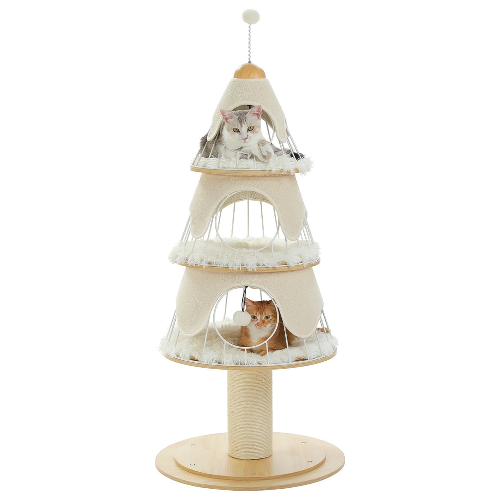 Christmas Cat Tree Tower with 3 Cozy Condos & Pompoms Multi-Level Cat House Bed for Indoor Cats Modern Cat Furniture Cat Toys