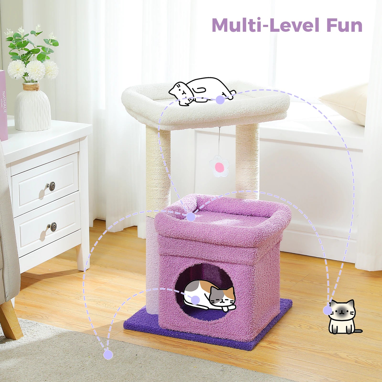 Cat Tree Cat Tower with Cozy Condo, Wide Top Perch,Natural Sisal Posts, Soft Plush,Playful Pom-Pom Suitable for 1-2 Indoor Cats