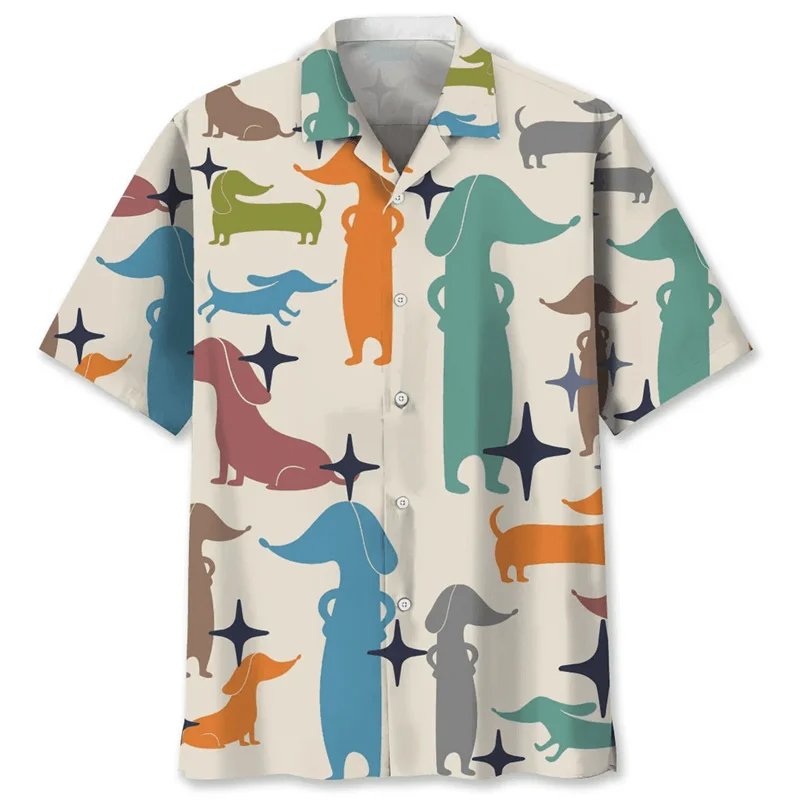 Cartoon Dachshund Dog 3d Printed Shirt For Men Animal Pets Graphics Short Sleeves Hawaiian Shirts Tops Loose Lapel Blouse