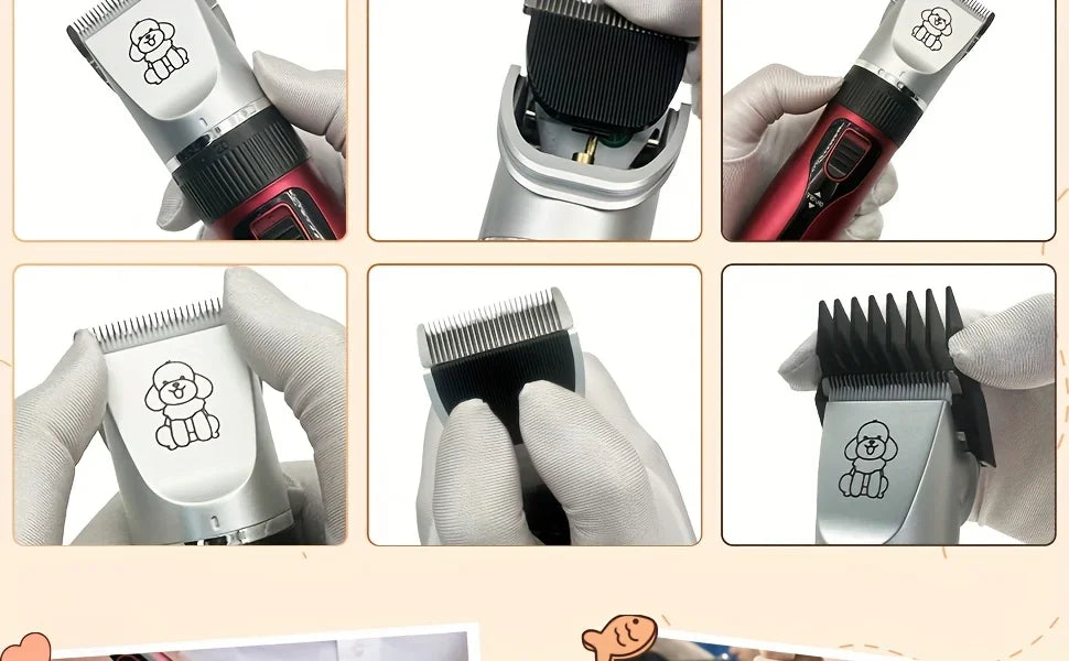 Low-noise professional USB rechargeable pet grooming tool set, equipped with thickened ceramic blades and 4 different blade head
