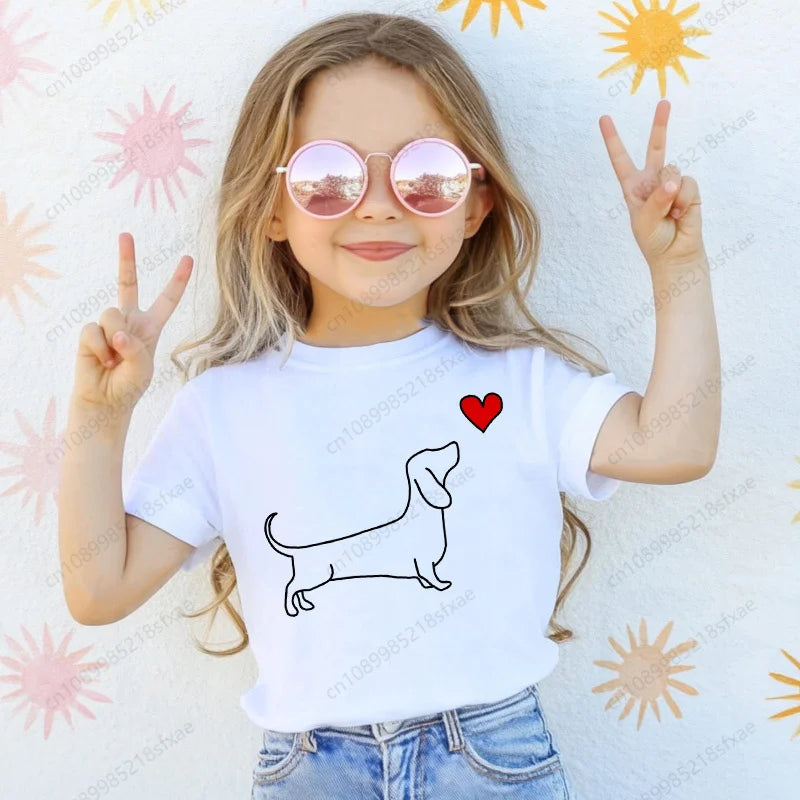 Dachshund Teckel Cute Dog Print Tee Funny T-shirts Baby Boy Girl Tshirt Kids Boys Top Child Summer Short Sleeve White Tops