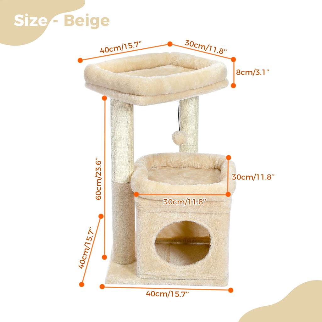 Cat Tree Cat Tower with Cozy Condo, Wide Top Perch,Natural Sisal Posts, Soft Plush,Playful Pom-Pom Suitable for 1-2 Indoor Cats