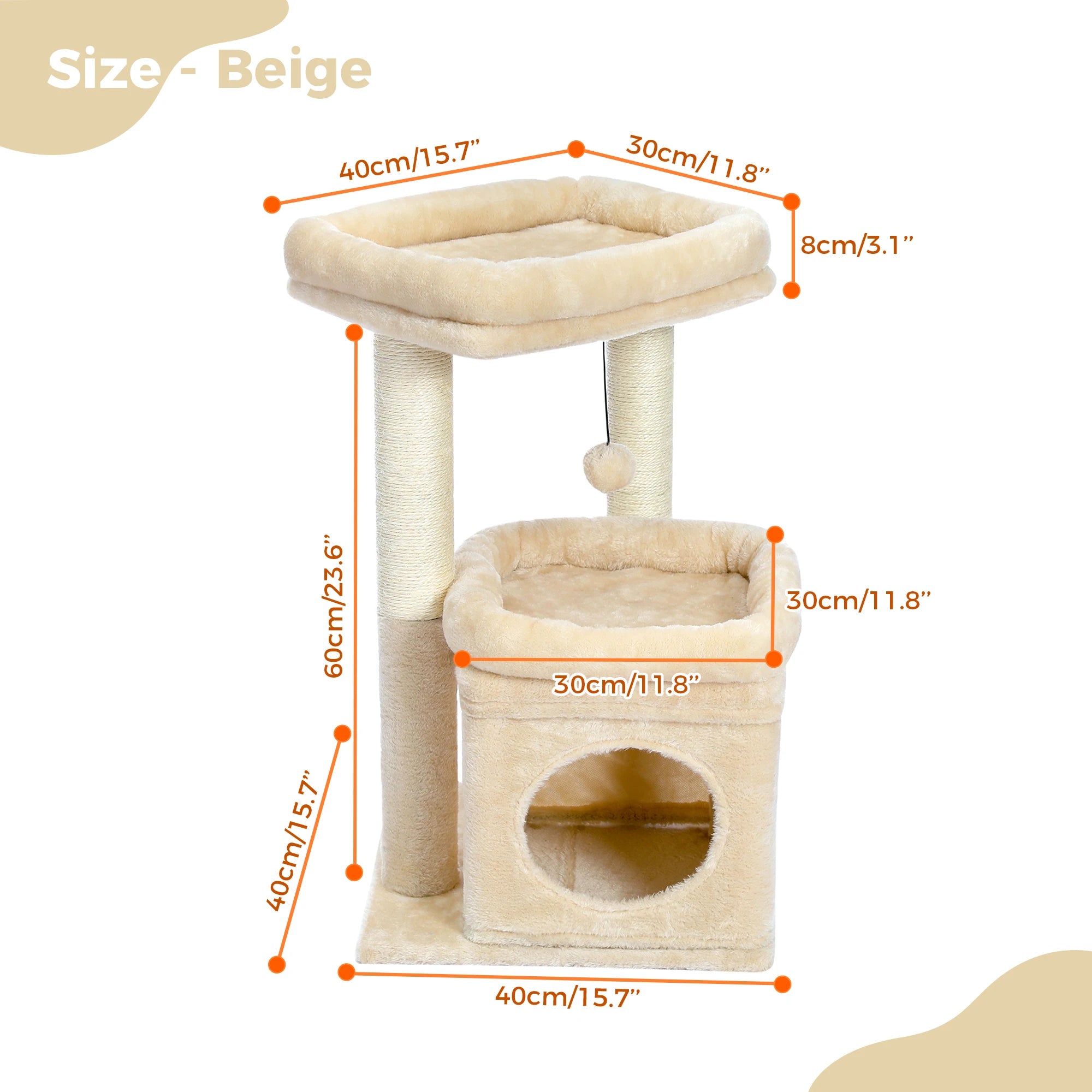 Cat Tree Cat Tower with Cozy Condo, Wide Top Perch,Natural Sisal Posts, Soft Plush,Playful Pom-Pom Suitable for 1-2 Indoor Cats