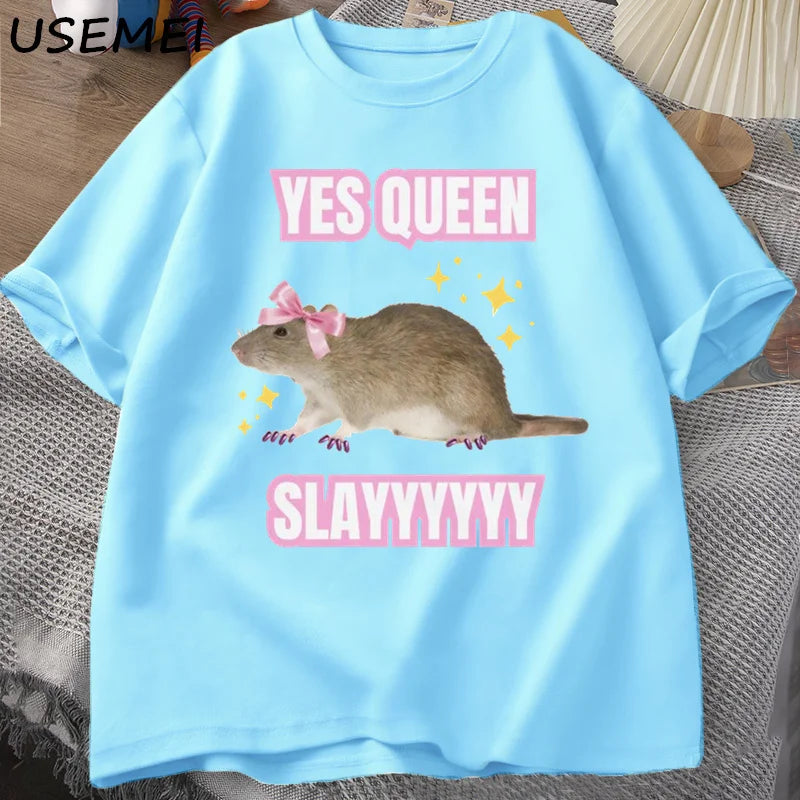 Yas Queen Slay T Shirt Humor Funny Cotton Short Sleeve Rat T-Shirt Men's Clothing Harajuku Retro Oversized Cotton T Shirt