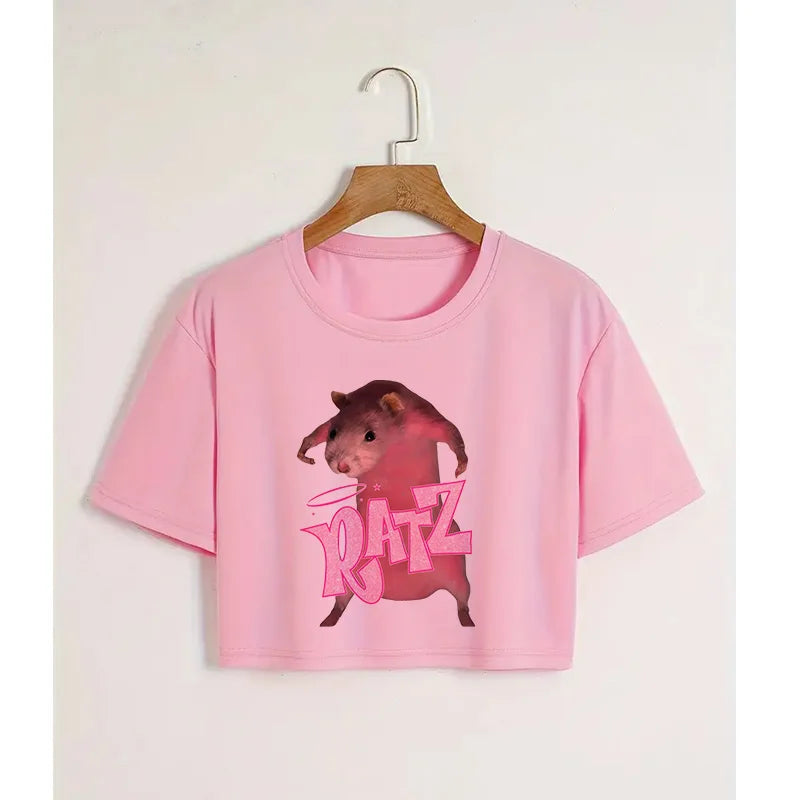 Kawaii Rat Ratz Mouse Cropped Print Crew Neck T-shirt Y2K Short Sleeve Tight Fit Crop Top Spring Summer Women's Clothing