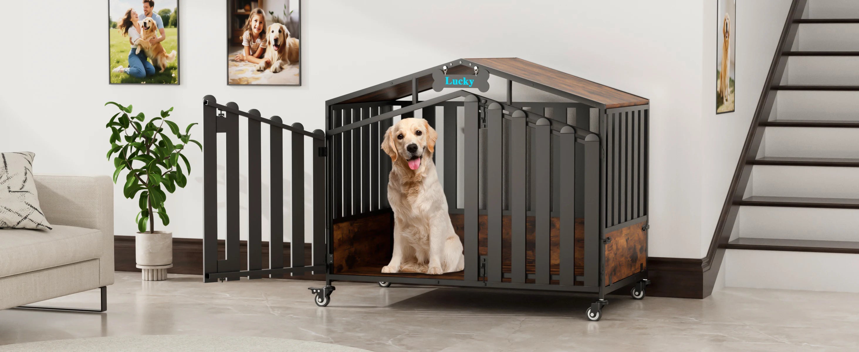 31"/41"/48“ XL Heavy Duty Dog Crate Furniture with Wheels, Dog Crates for Large Dogs Extra-Wide Thick Steel Plates for Chew Res