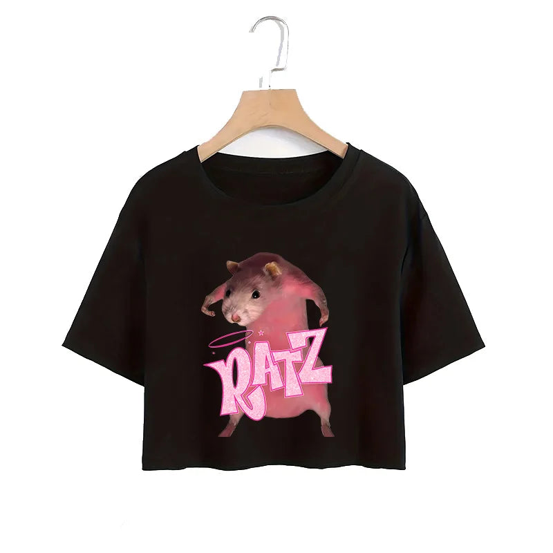Kawaii Rat Ratz Mouse Cropped Print Crew Neck T-shirt Y2K Short Sleeve Tight Fit Crop Top Spring Summer Women's Clothing