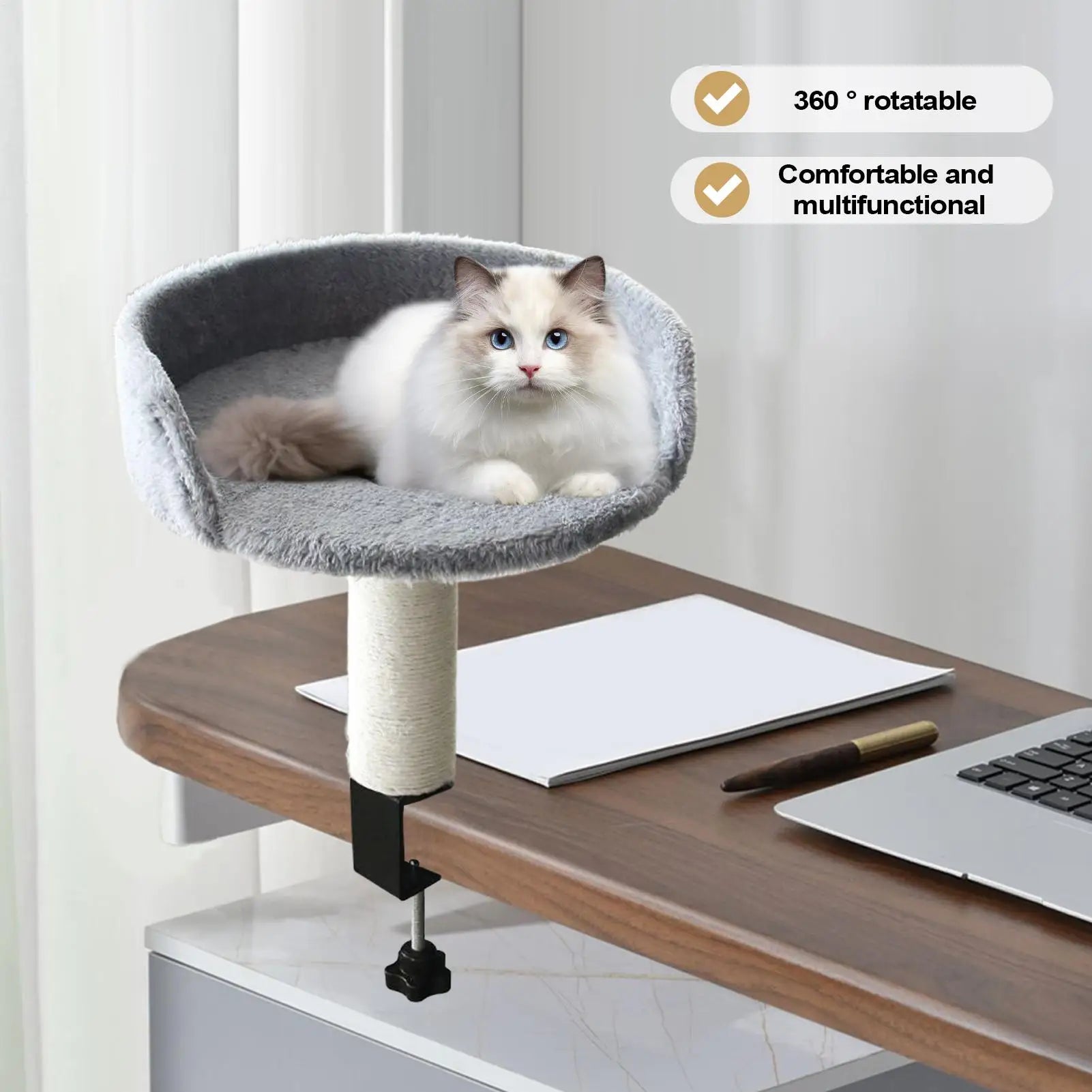 Desk Clamp Cat Bed 360 Rotating Adjustable Soft Nest Desktop Kitten Bed Attachment Cat Desk Bed for Kittens Pets Animals Indoor